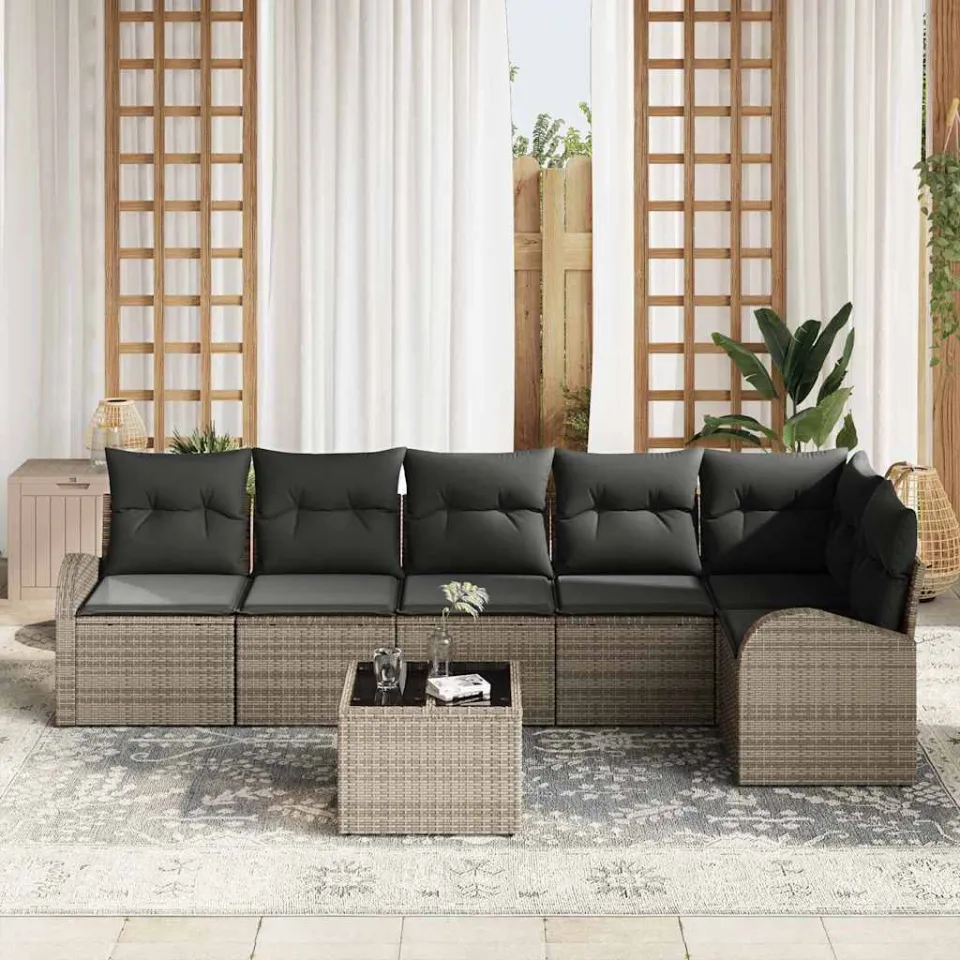 vidaXL Tuin Sofa Set met kussen 7 pcs Grijs Poly riet, foto 3