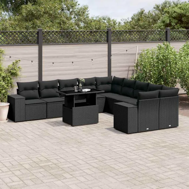 vidaXL 11-delige Loungeset met kussens poly rattan zwart, foto 2