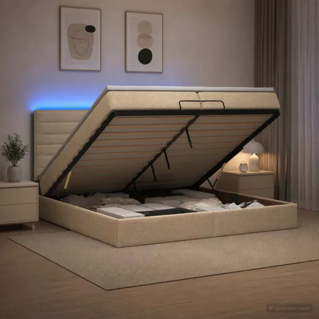 vidaXL Ottoman Bed met Matrassen en LED Crèmekleurig 200 x 200 cm Stof