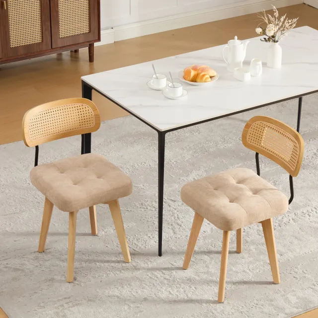 VVBV Eetkamerstoelen Set van 2 43x50x77 cm – 360° Draaibaar, Houtlook, Mid-Century, Bohemian, Rotan, Gevlochten Design, Gepolsterde Zitting – Khaki