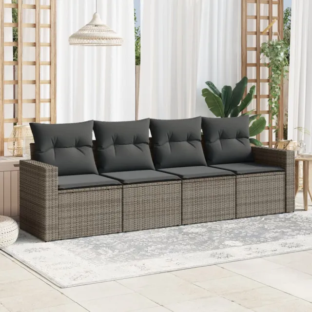 vidaXL 4-delige Loungeset met kussens poly rattan grijs, foto 2