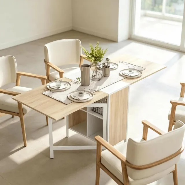 REDOM Eettafel - Uitschuifbaar - Opklapbaar met 4 open opbergvakken - Modern - Keuken - MDF en staal - Wit en licht eiken - 170 x 60 x 75 cm Wit + licht eiken