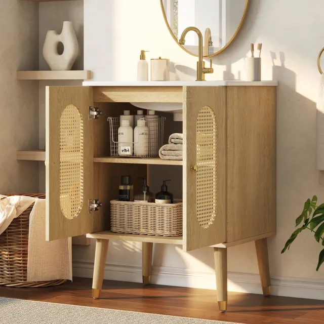 OKWISH Badkamerkast – Vrijstaand Wastafelmeubel Met Keramische Wastafel – Rattan Deuren – Opbergruimte Onder De Wastafel – Naturel Houtkleur – 61 Cm Natural Wood