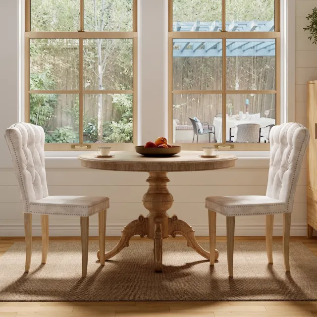 ROSAHQNDA Set van 2 eetkamerstoelen - Beige fluwelen eetkamerstoel - Stoffen keukenstoel met houten poten - Moderne eetkamerstoel voor woonkamer en keuken