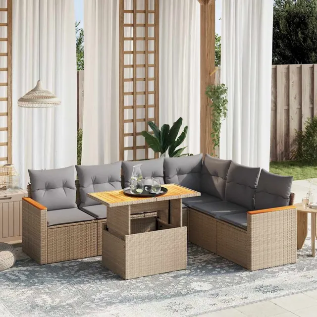 vidaXL 7-delige Loungeset met kussens poly rattan beige
