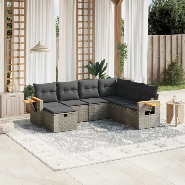vidaXL 7-delige Loungeset met kussens poly rattan grijs, foto 2