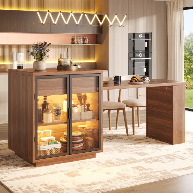 OKWISH Eettafel - Uitschuifbaar met Kast en Ledverlichting - Voor Keuken en Eetkamer - Mdf en Metaal Donkerbruin - 122-194,5 x 70 x 94 cm
