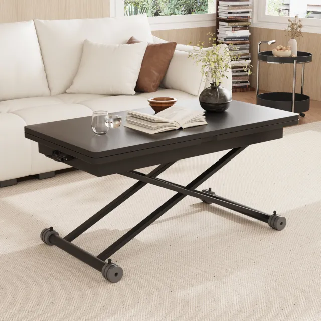 VOWNER Salontafel in Hoogte Verstelbaar - Uittrekbare Eettafel - Transformeerbare Salontafel 3-in-1 - Verstelbare Loungetafel - Uitklapbaar Houten Tafelblad - Gasveer Hefmechanisme - 100 x 100 x 71 cm - Zwart Houtnerf