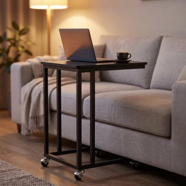 Cheqo Bijzettafel op Wieltjes - Banktafel - Bijzettafel voor Bank - Laptoptafel - C-Vorm - Verrijdbaar - Sidetable - Zijtafel - Bijzettafeltje - Industrieel - Tafeltje op Wielen - voor Woonkamer en Slaapkamer - Zwart