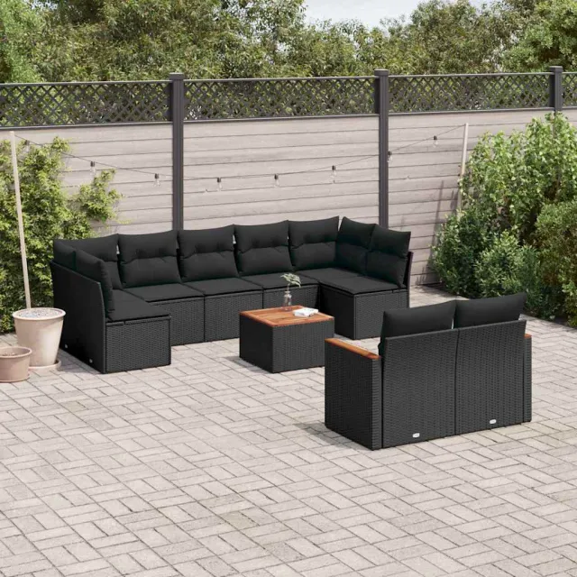 vidaXL 10-delige Loungeset met kussens poly rattan zwart, foto 2