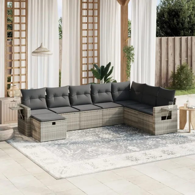 vidaXL 8-delige Loungeset met kussens poly rattan lichtgrijs