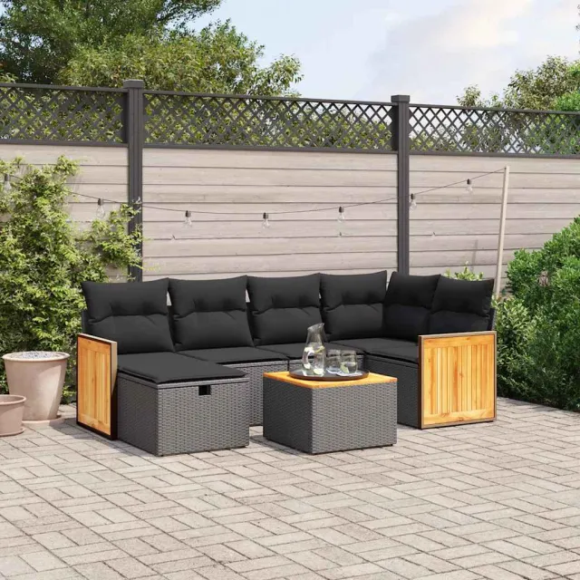 vidaXL 7-delige Loungeset met kussens poly rattan zwart, foto 2
