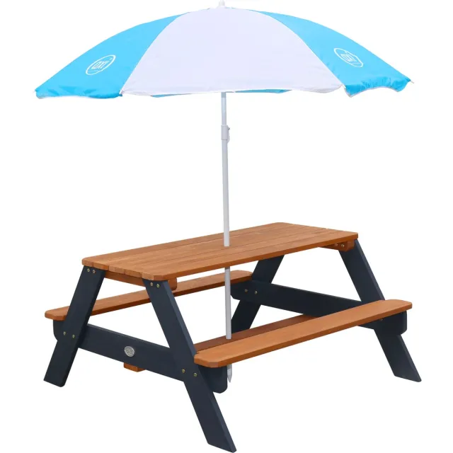Axi Nick Picknicktafel Antraciet/bruin - Parasol Blauw/wit - Picknick tafel voor kinderen van FSC hout