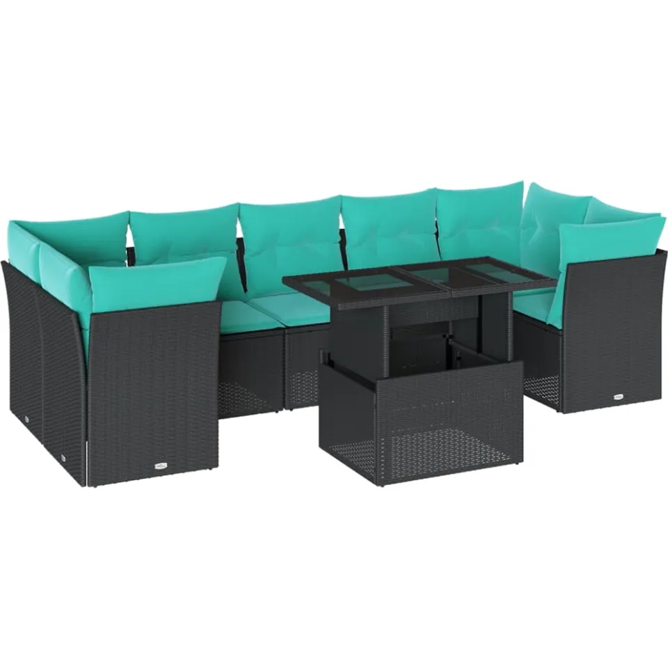 vidaXL 8-delige tuinbankset met kussens, zwart polyrotan