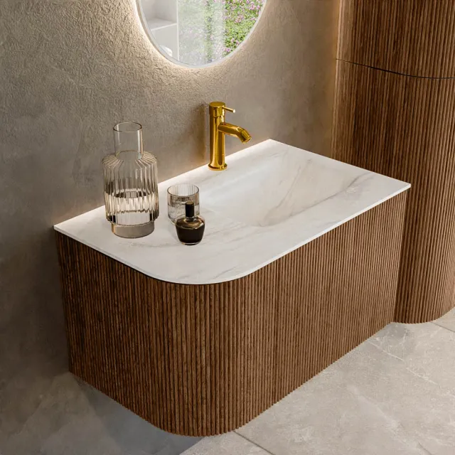 Mondiaz KURVE-DLUX 75 cm Onderkast Greeploos 1 Lade Met Deuren Walnut, Wastafel Solid Surface Rechts Ostra 1 Kraangat Zonder Spiegel (KRVGRU75L1L1D1KR-Wal/Ost)
