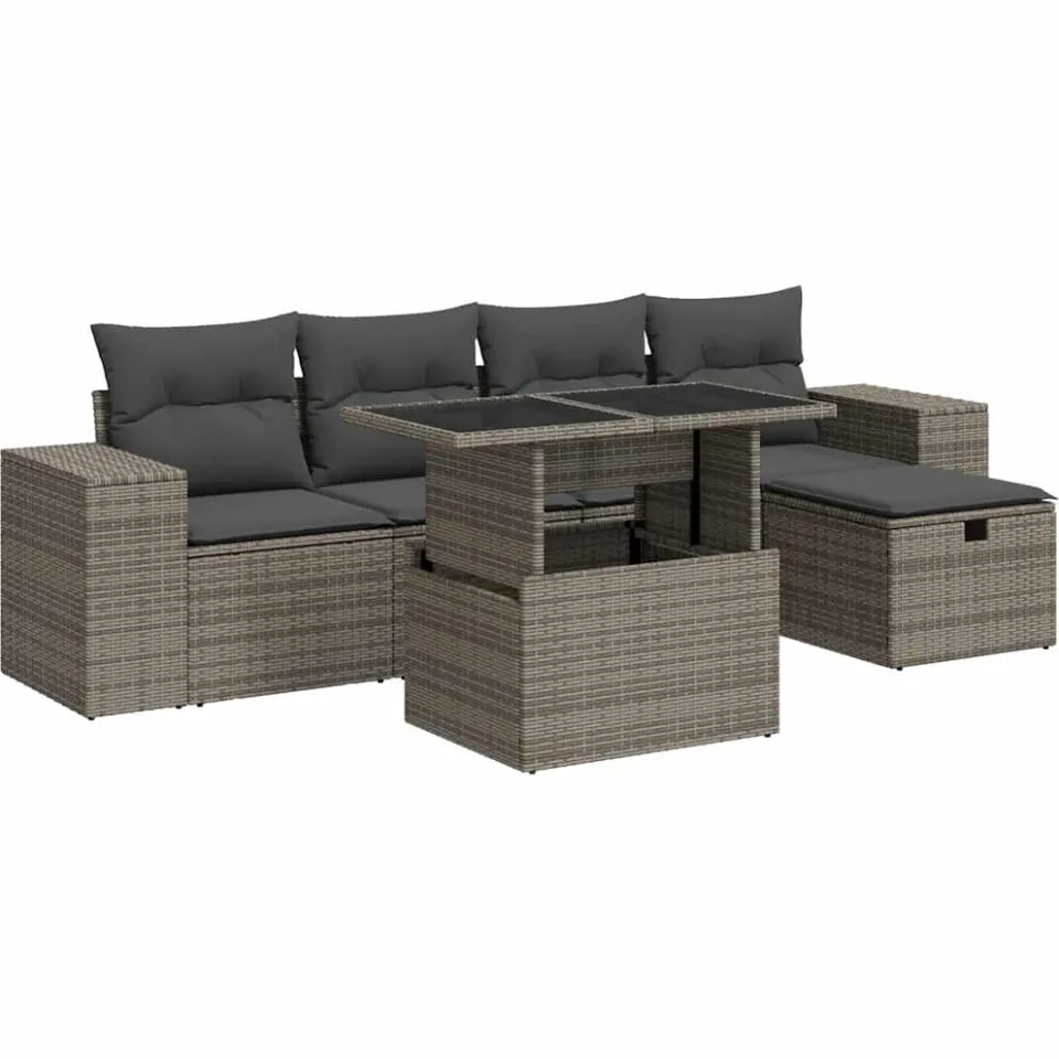 vidaXL 6-delige Loungeset met kussens poly rattan grijs, foto 3