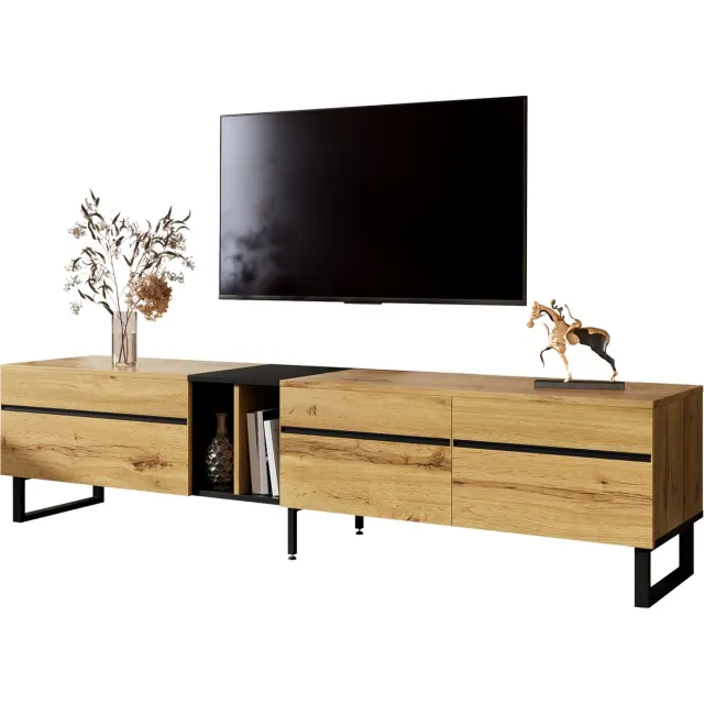 Zubaliya TV-lowboard Hout 180 cm - Klapvak met hydraulische demper - 2 deurkasten en open vak - Verstelbare poten - Draagvermogen 40 kg - Minimalistisch design voor woonkamer Wood