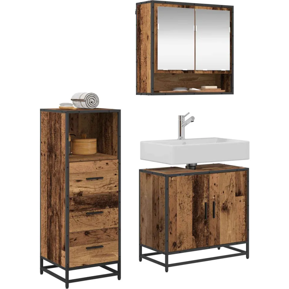vidaXL Badkamermeubelset 3 st Oud Hout 65 x 33 x 60 cm Bewerkt hout Bruin