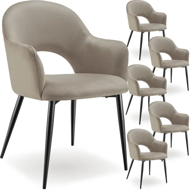 Tectake Set van 6 Eetkamerstoelen Sachel - Fluweellook Gestoffeerde Fauteuils - Keukenstoel - Ergonomische Stoelen voor Woonkamer en Keuken - Eetkamerstoel met Armleuning - 120 kg Draagkracht per Stoel - Taupe