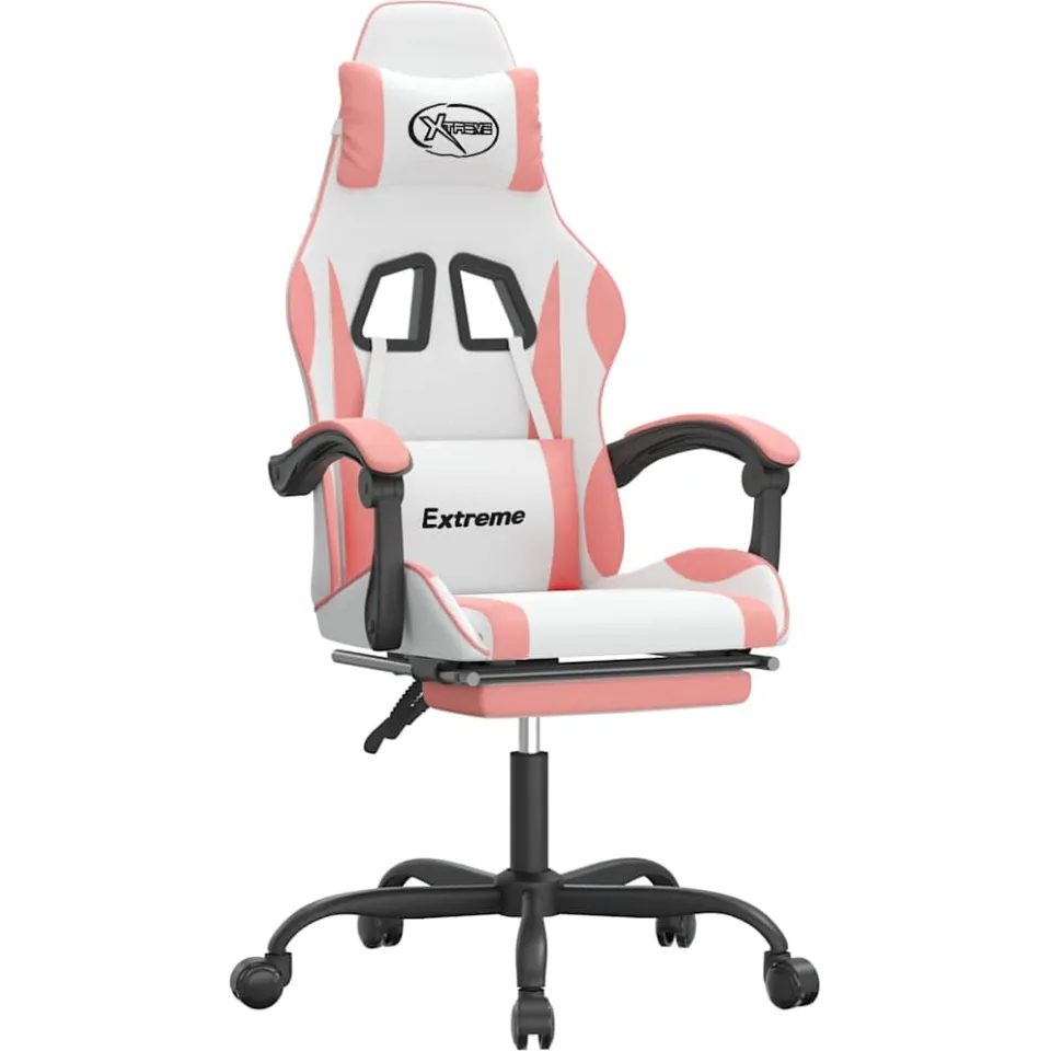 vidaXL Gamestoel draaibaar met voetensteun kunstleer wit en roze, foto 3