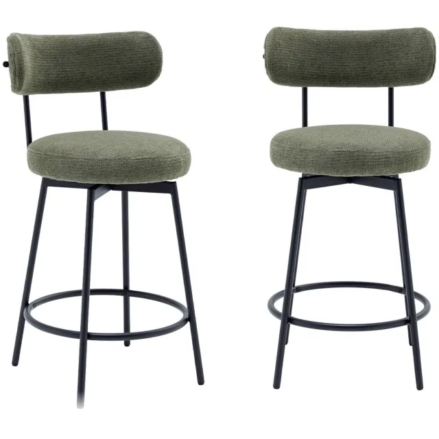 sweeek Set van twee barstoelen met draaibare zitting van zwart metaal en stof - iris Groen