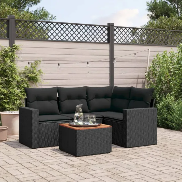 vidaXL 5-delige Loungeset met kussens poly rattan zwart, foto 2