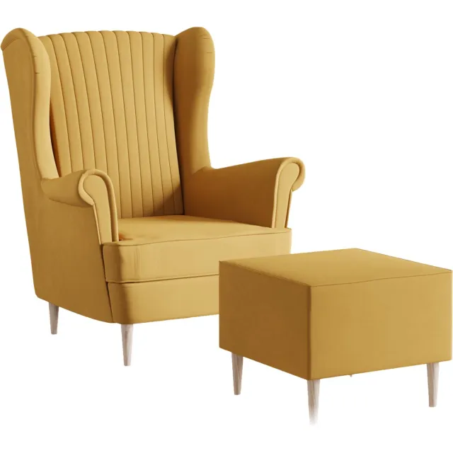 AJE Meubles B.V. Ohrensessel, fauteuil van fluweel, stoel, zitmeubel, gestoffeerde fauteuil, relaxfauteuil - Fauteuil Comfy met Hocker - Geel (Manila 32)