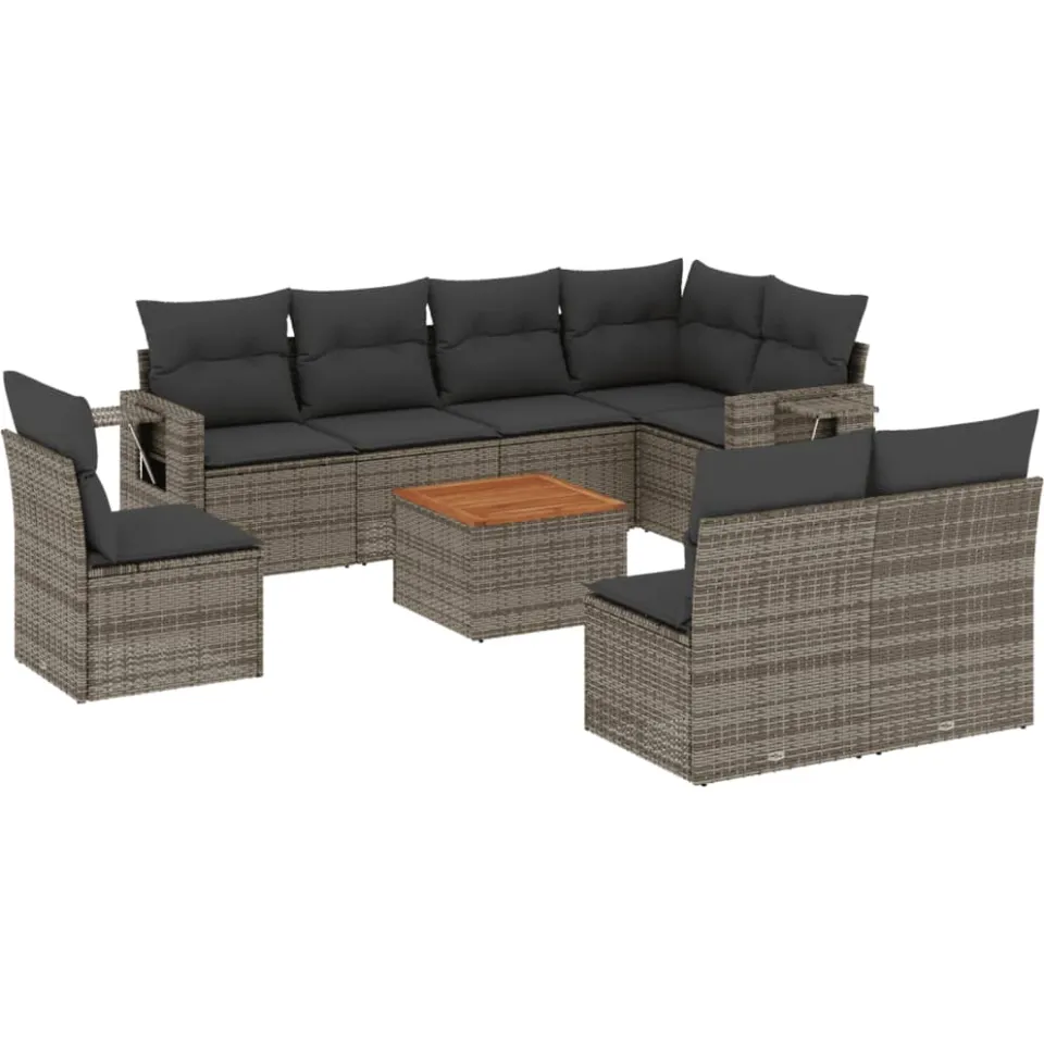 vidaXL 9-delige Loungeset met kussens poly rattan grijs, foto 3