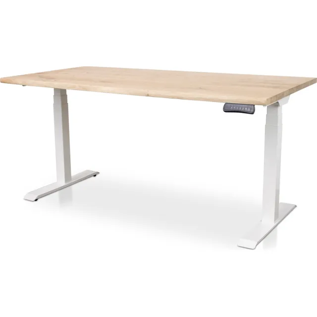 Multi Ratio Zit-sta bureau met massief eiken boomstam blad 160 x 80 cm - MRC PRO NEN-EN 527 - elektrisch verstelbaar - frame wit - 130 cm hoog - 150KG draagvermogen