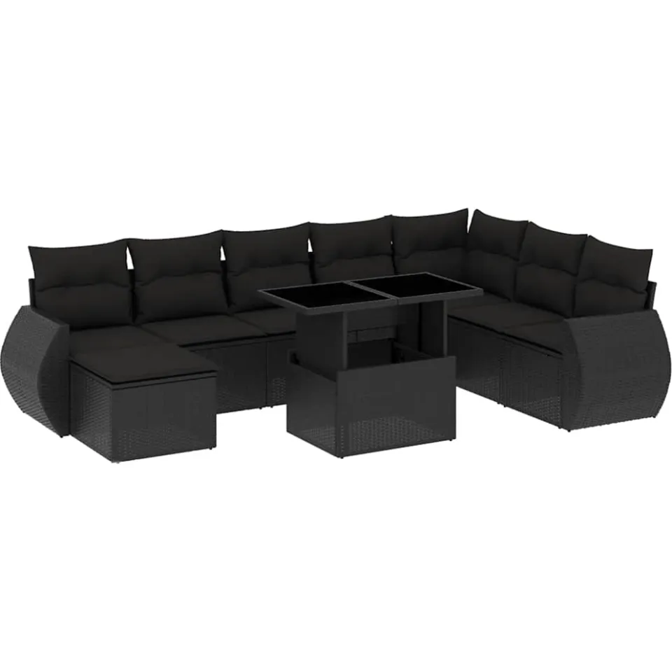 vidaXL 9-delige Loungeset met kussens poly rattan zwart