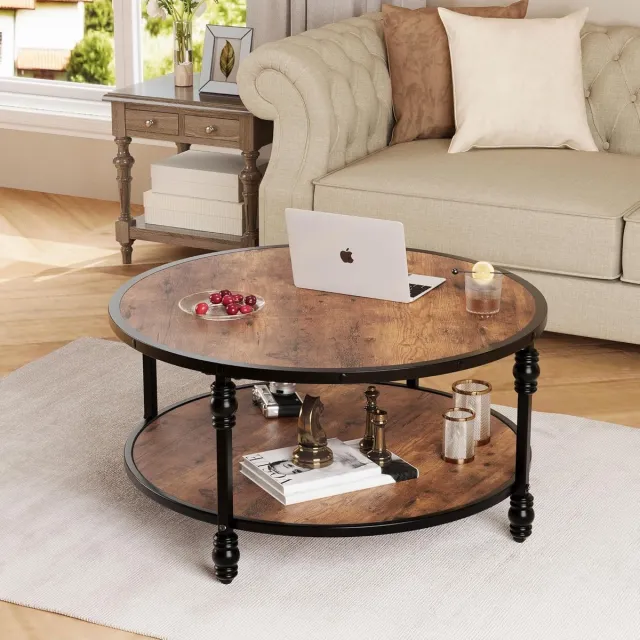 Danky Ronde Salontafel Vintage - 77 cm - Industriële Bijzettafel met 2 Niveaus - Robuuste Kolompoten - Houtlook en Metaal - Voor Woonkamer of Kantoor Bruin