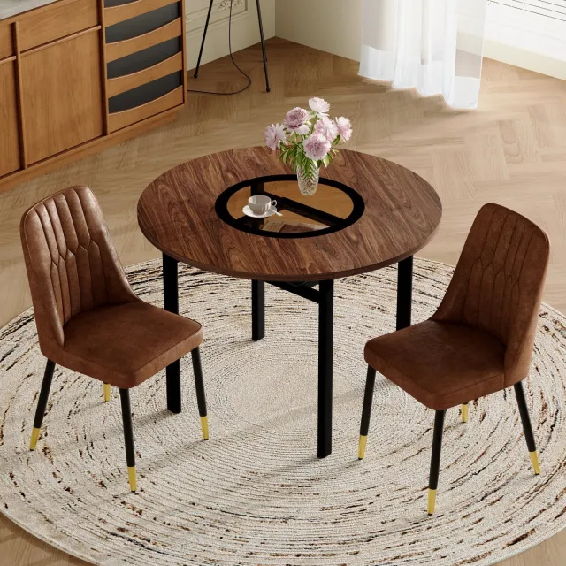OKWISH Eettafelset 100 Cm - Ronde Tafel Met 2 Stoelen - Voor Eetkamer En Keuken - MDF En Stof - Bruin Zwart
