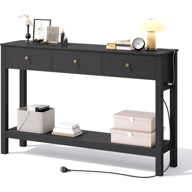 Xbro Consoletafel, Haltafel met 3 Lades en Opbergplank, Sidetable met EU-Stopcontact en USB,Zwart