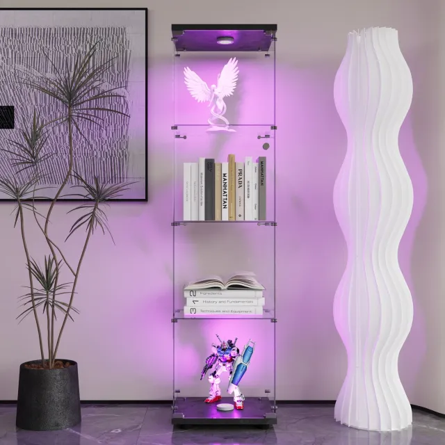Yelenaro Glazen vitrinekast met led verlichting, Vitrinekast van glas met veiligheidsslot, 1 deur en 4 lagen, Gehard Glas, vitrines, collectiekast, staande glazenkast, 42.5x36.5x164cm, Zwart Zwart + LED