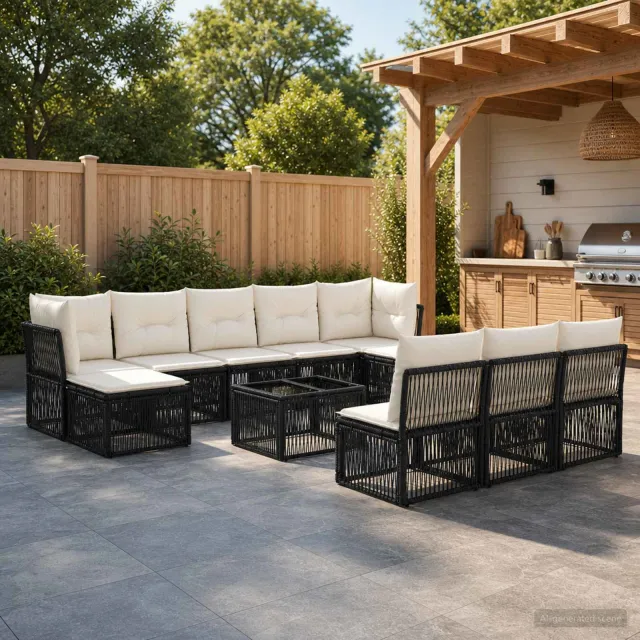 vidaXL Tuinbankenset 11 st 10-zits Zwart poly rattan, foto 2