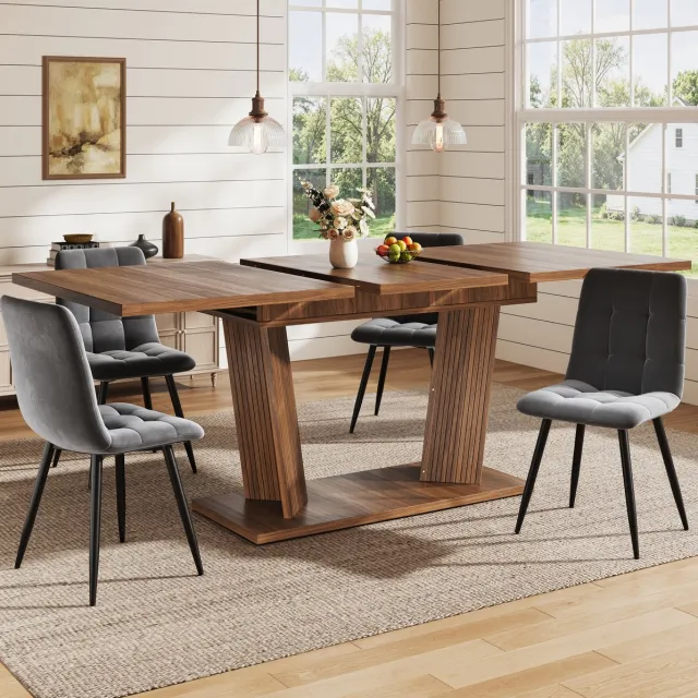 FloraGrace Eettafel - Uitschuifbaar Met Houtnerf En Stabiele Dubbele Poten - Modern Voor Eetkamer En Keuken - MDF - Donkerbruin - 120-160x80x76 Cm Dark Brown