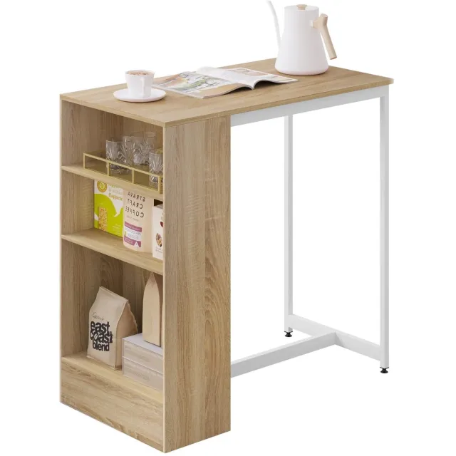 Klarven Bartafel wit Lichteiken + wit - Bartafel Keuken - Bartafel met Opbergruimte - Bar Table - Compact en Multifunctioneel, Stevig metalen frame, 3 planken, Gemakkelijk schoon te maken - Rechthoekig b91xd49xh91cm Lichteiken/wit