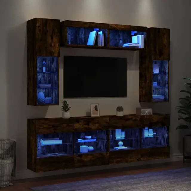 vidaXL 6-delige Tv-wandmeubelset met LED-verlichting gerookt eiken