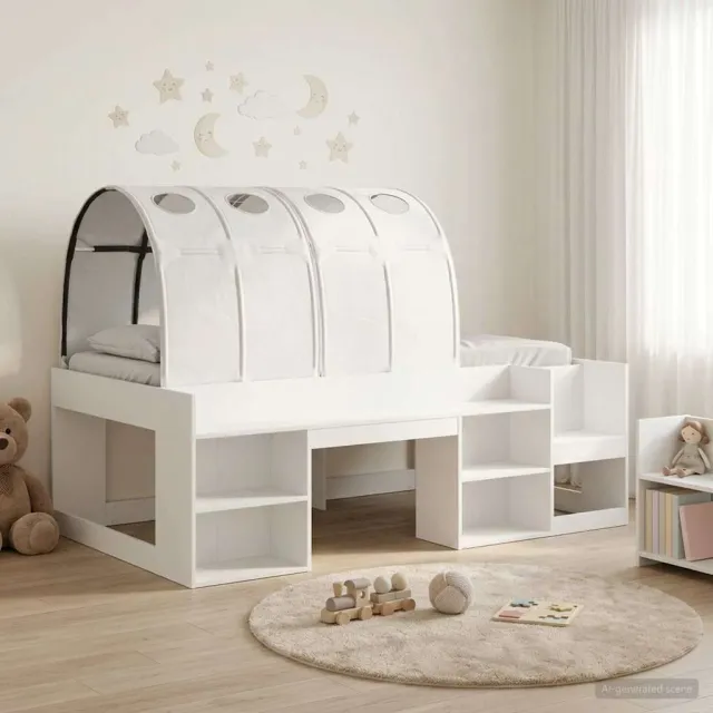 vidaXL Bedframe met tunnel met plank met opslag 3 st Wit Bewerkt hout