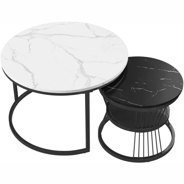 Happiq Salontafel Set 2 Wit - Delig, Ronde Bijzettafels - Metalen Frame met Tafelblad in Witte - Modern, Rond Design met Opbergruimte - voor Woonkamer White