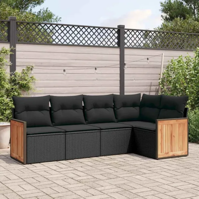vidaXL 5-delige Loungeset met kussens poly rattan zwart, foto 2