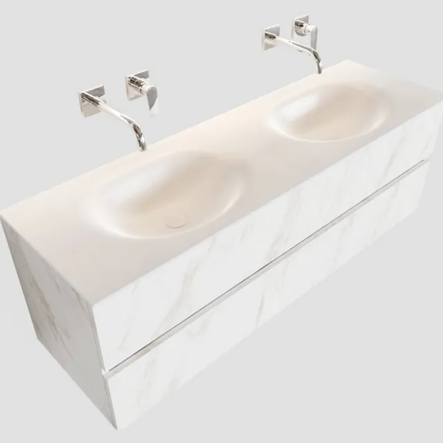Boss & Wessing Badkamermeubel BWS Madrid Carrara Mat 150 cm Solid Surface Wastafel Dubbel (0 kraangaten, 2 lades)