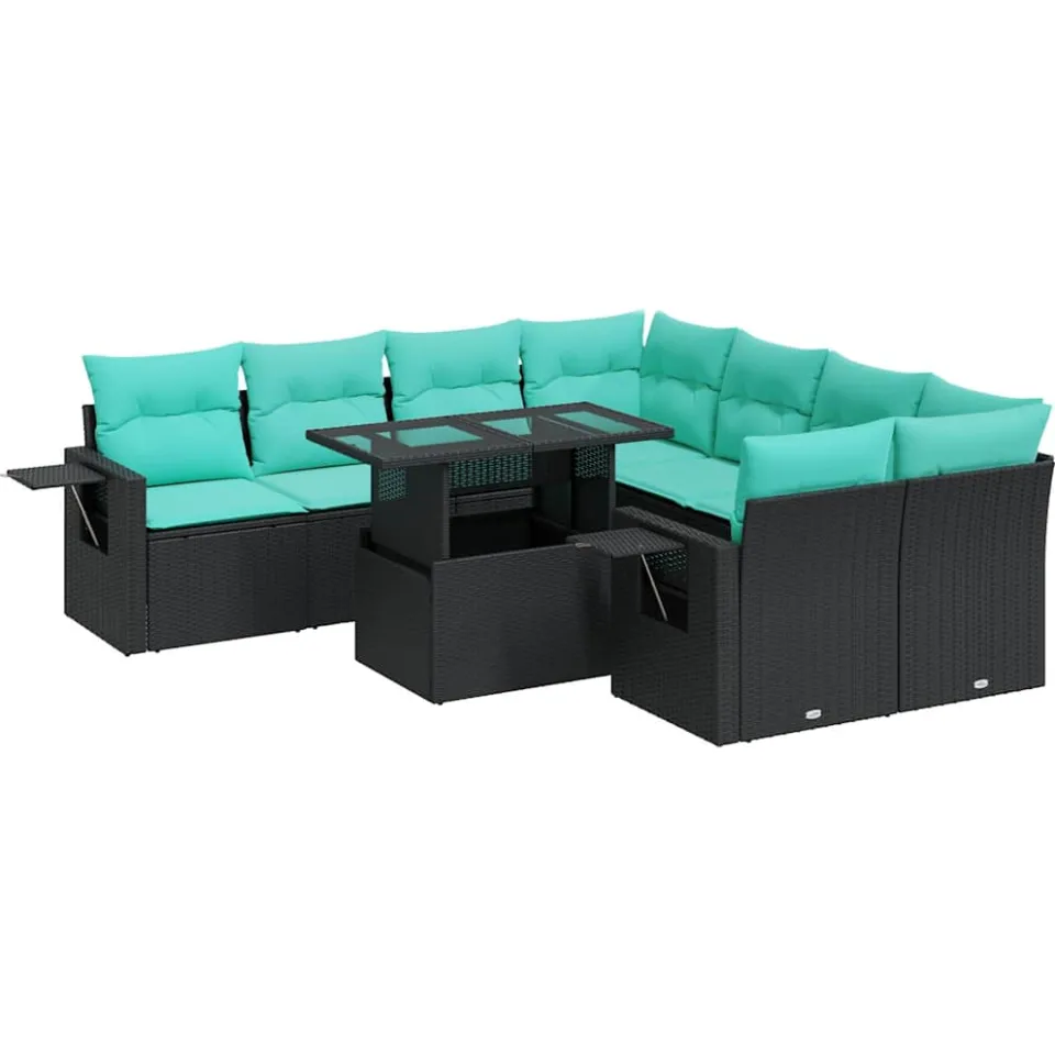 vidaXL 9-delige Loungeset met kussens poly rattan acacia zwart, foto 3