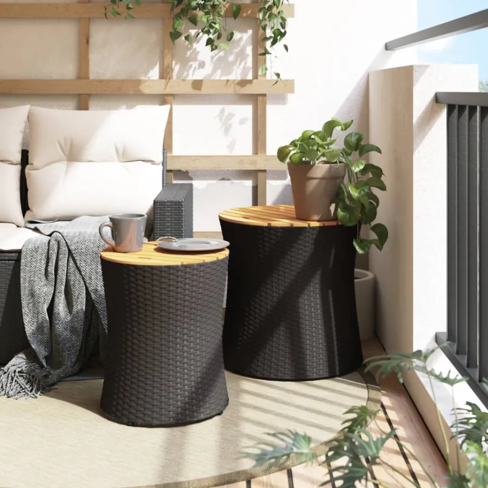 vidaXL Tuinbijzettafels 2 st met houten blad poly rattan zwart, foto 3
