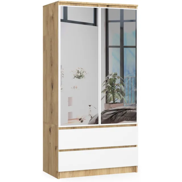 Akord Kledingkast S90 met Spiegel 2 Deuren en 2 Lades / AKORD Furniture Factory / Artisan Eik - Wit / 90 x 180 x 51 cm