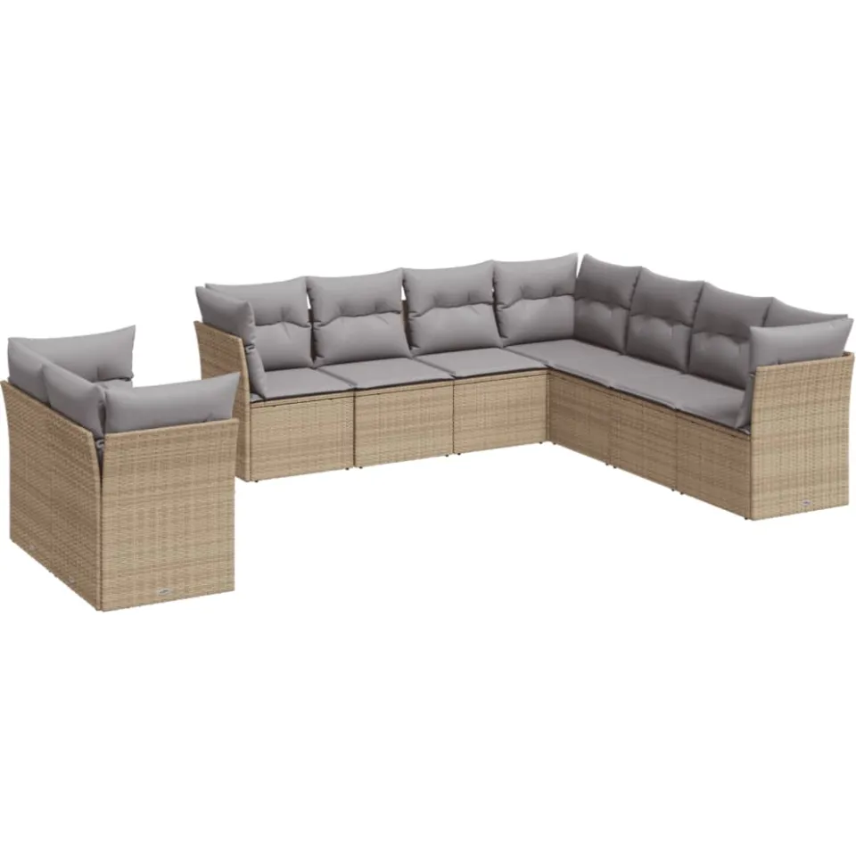 vidaXL 9-delige Loungeset met kussens poly rattan beige