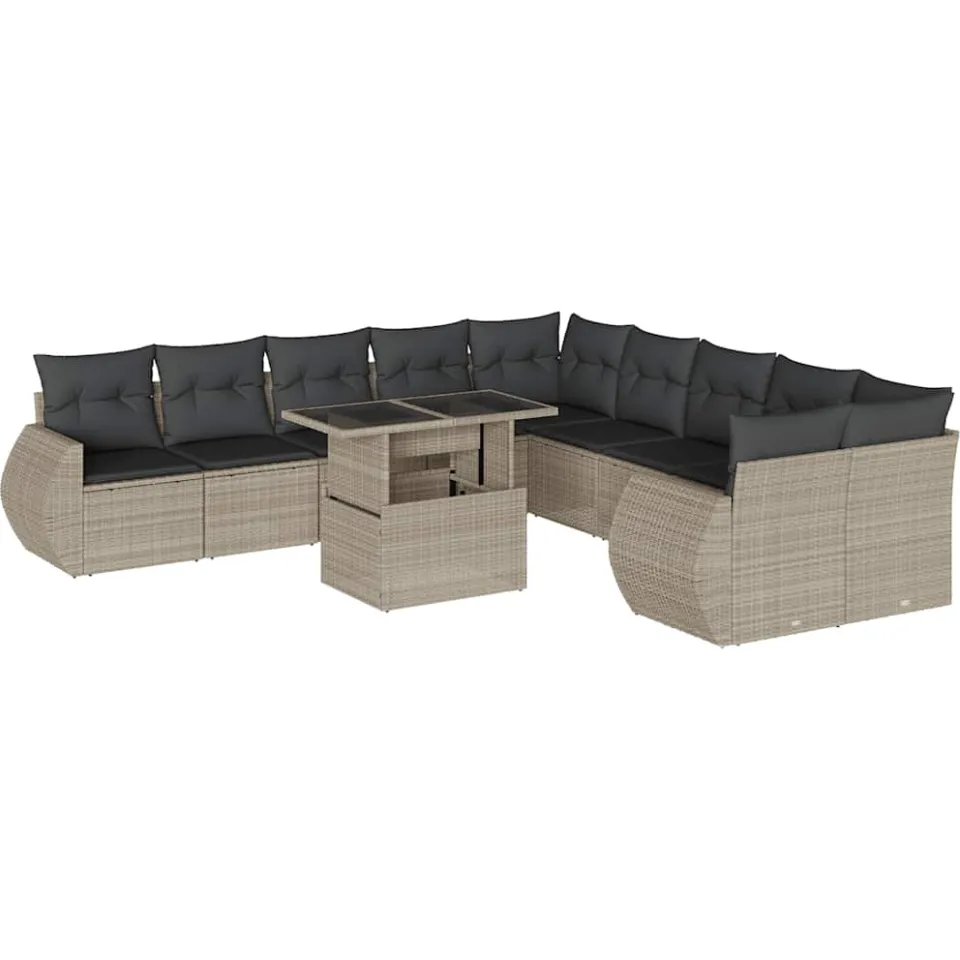 vidaXL 11-delige Loungeset met kussens poly rattan lichtgrijs grijs, foto 3