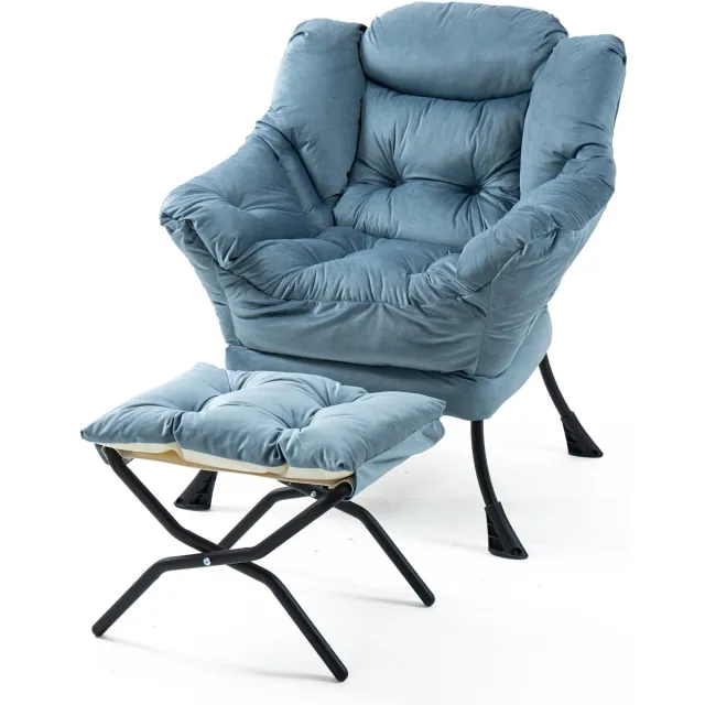 HAUSS SPOLE Fauteuil - Loungestoel Met Opvouwbare Hocker En Zijvak - Ergonomisch En Gepolsterd - Voor Slaapkamer, Woonkamer Of Balkon - Velvet Lichtblauw
