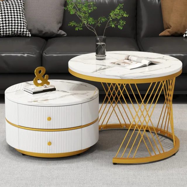 MEUNIQ Salontafelset van 2 ronde tafels 60 en 50 cm – wit hoogglans marmerlook MDF, 2 lades, 30 kg draagvermogen per tafel voor woonkamer