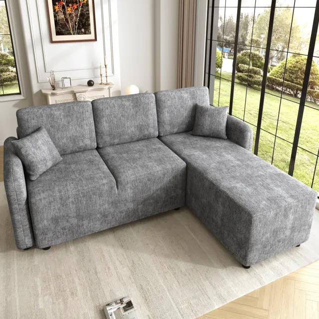 Wishdor Hoekbank 3-zits - L-vorm met liggedeelte en 2 kussens - modern voor woonkamer of studio - chenille stof - grijs - 187,5 x 144 x 85,5 cm